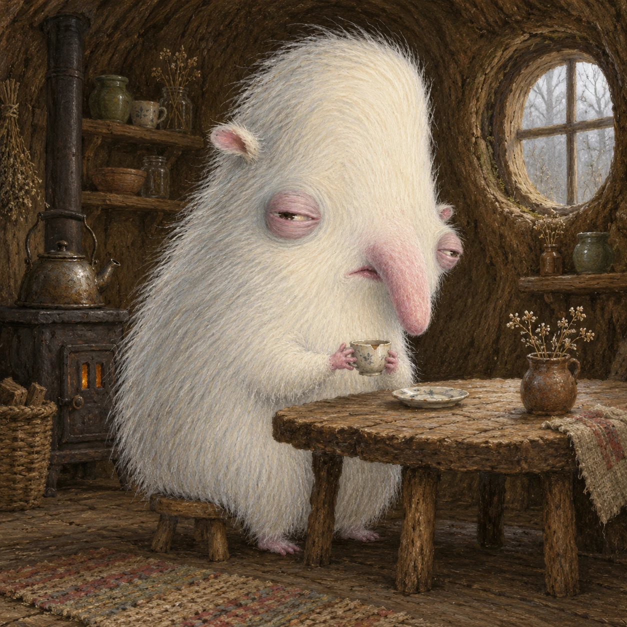 Snoozle, a sleepy cream-colored furry creature with a long pink nose, drinking tea in a warm woodland cottage